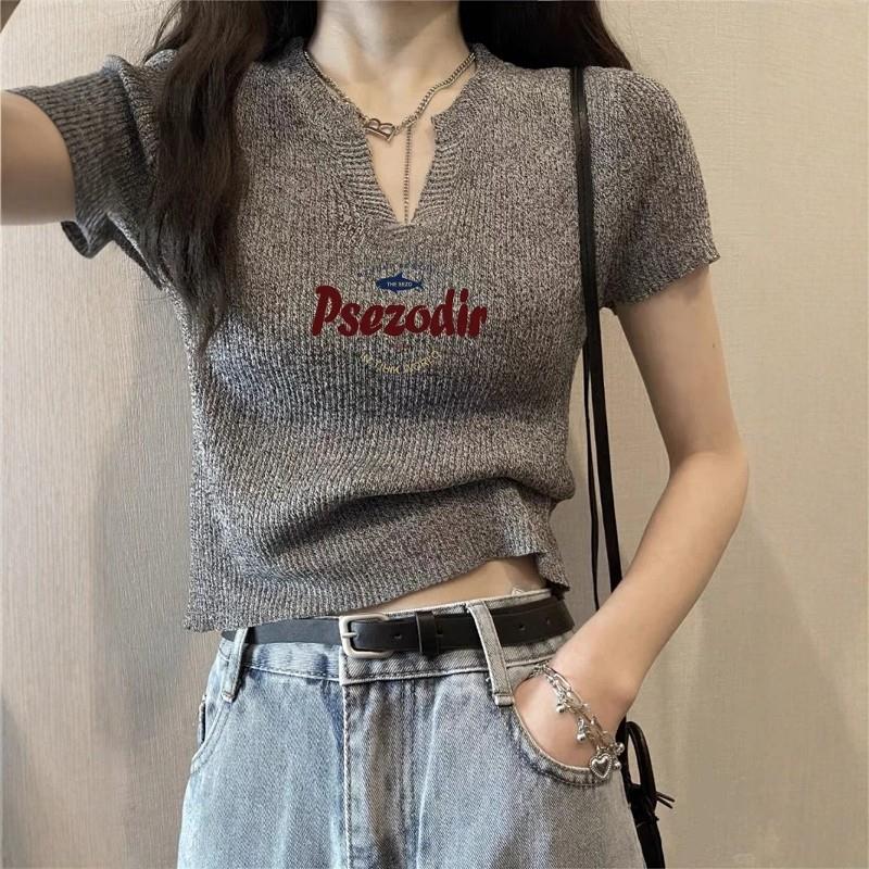 针织短袖t恤女夏季2025新款修身显瘦百搭超好看设计感v领冰丝上衣