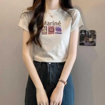 美式复古短袖印花t恤女正肩2025夏季新款辣妹修身显瘦洋气上衣潮