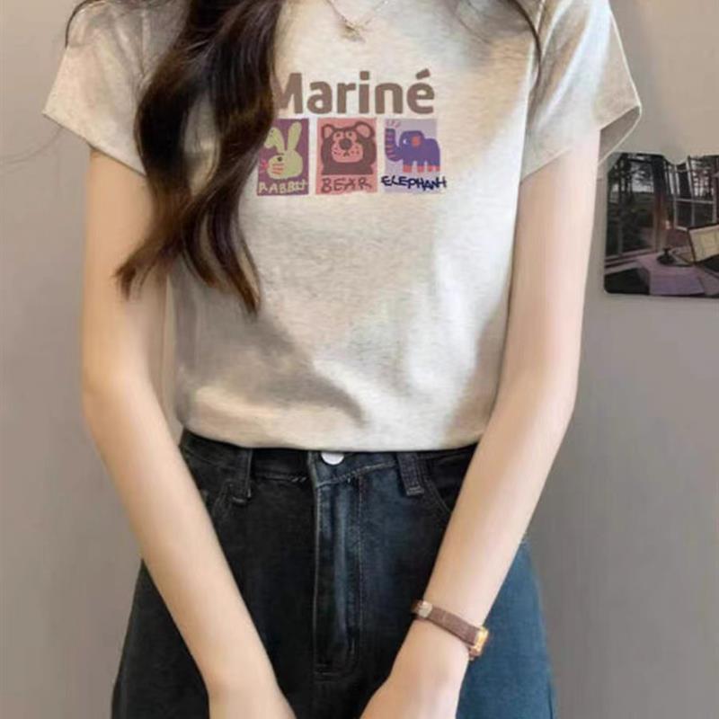 2025新款正肩灰色短袖t恤女夏季爆款修身显瘦气质减龄甜辣上衣衫