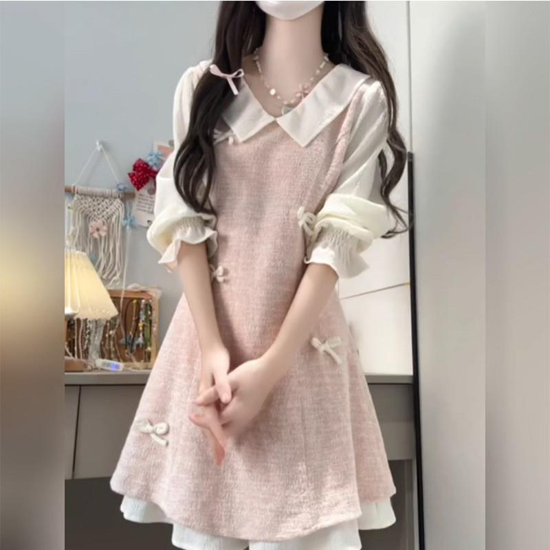 开春穿搭粉色假两件套装连衣裙子女装2025春季新款多巴胺绝美短裙