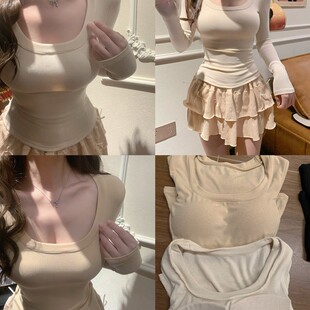 内搭掐腰长袖 又奶又欲 修身 显胸bra上衣打底衫 正肩T恤女 自带外扩