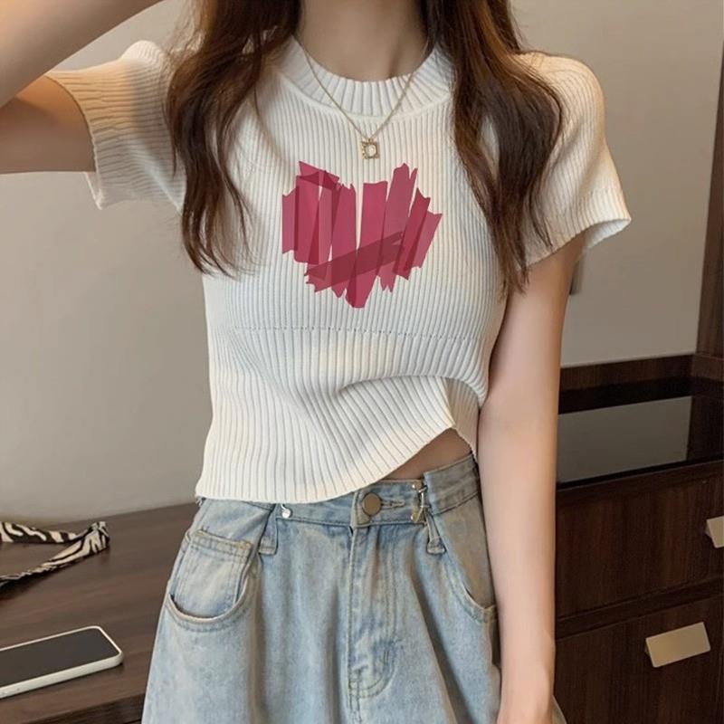 白色冰丝针织衫短袖t恤女装夏季2025新款高级感修身半袖短款上衣