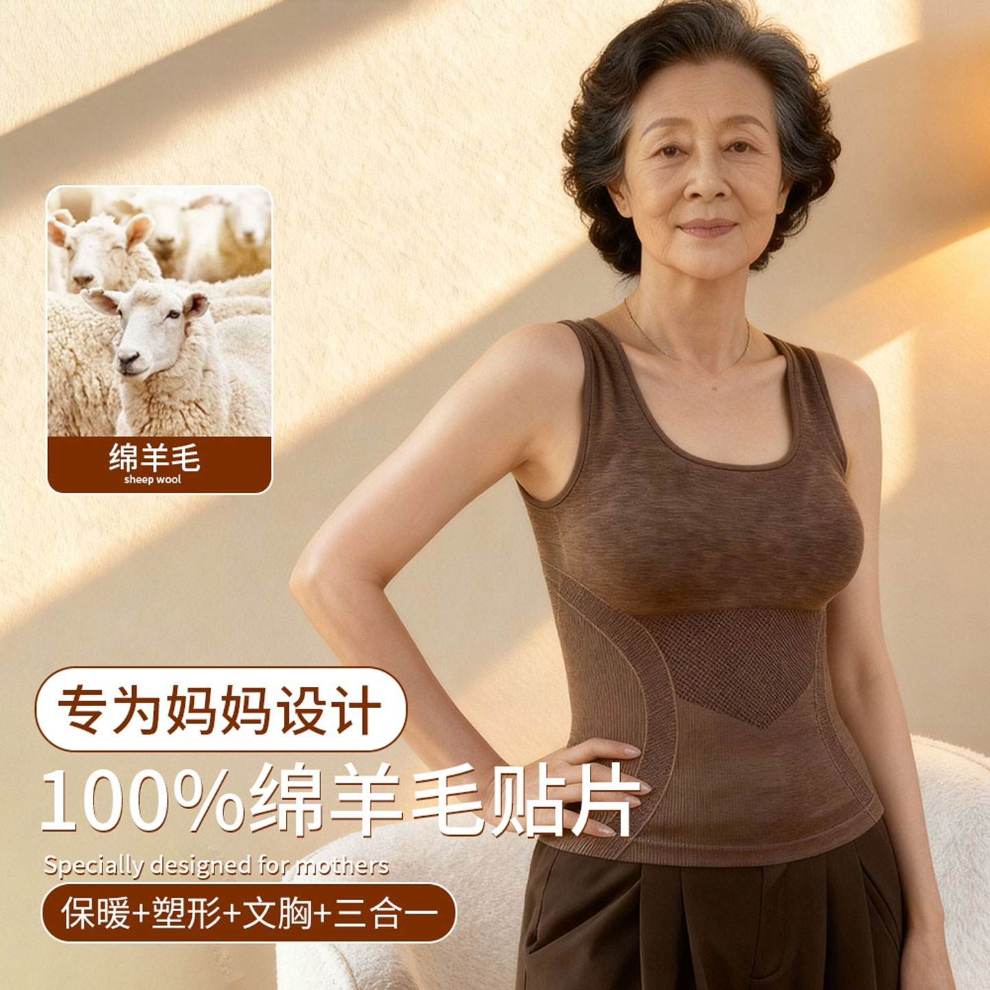 绵羊毛保暖背心女双层带胸垫一体