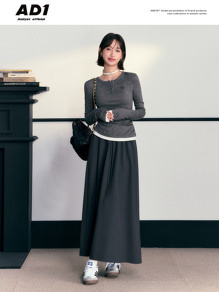 ANDYET AD1 오리지널 그레이 통근 가짜 투피스 긴팔 탑 드로스트링 A 라인 스커트 여성용 심플 정장