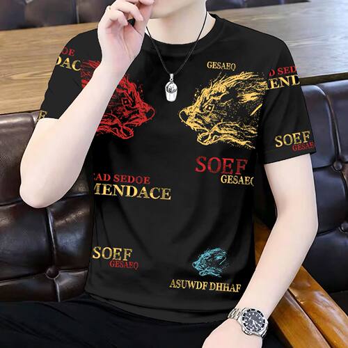 夏季新款冰丝男士圆领短袖T恤潮流休闲印花时尚帅气半袖上衣男装