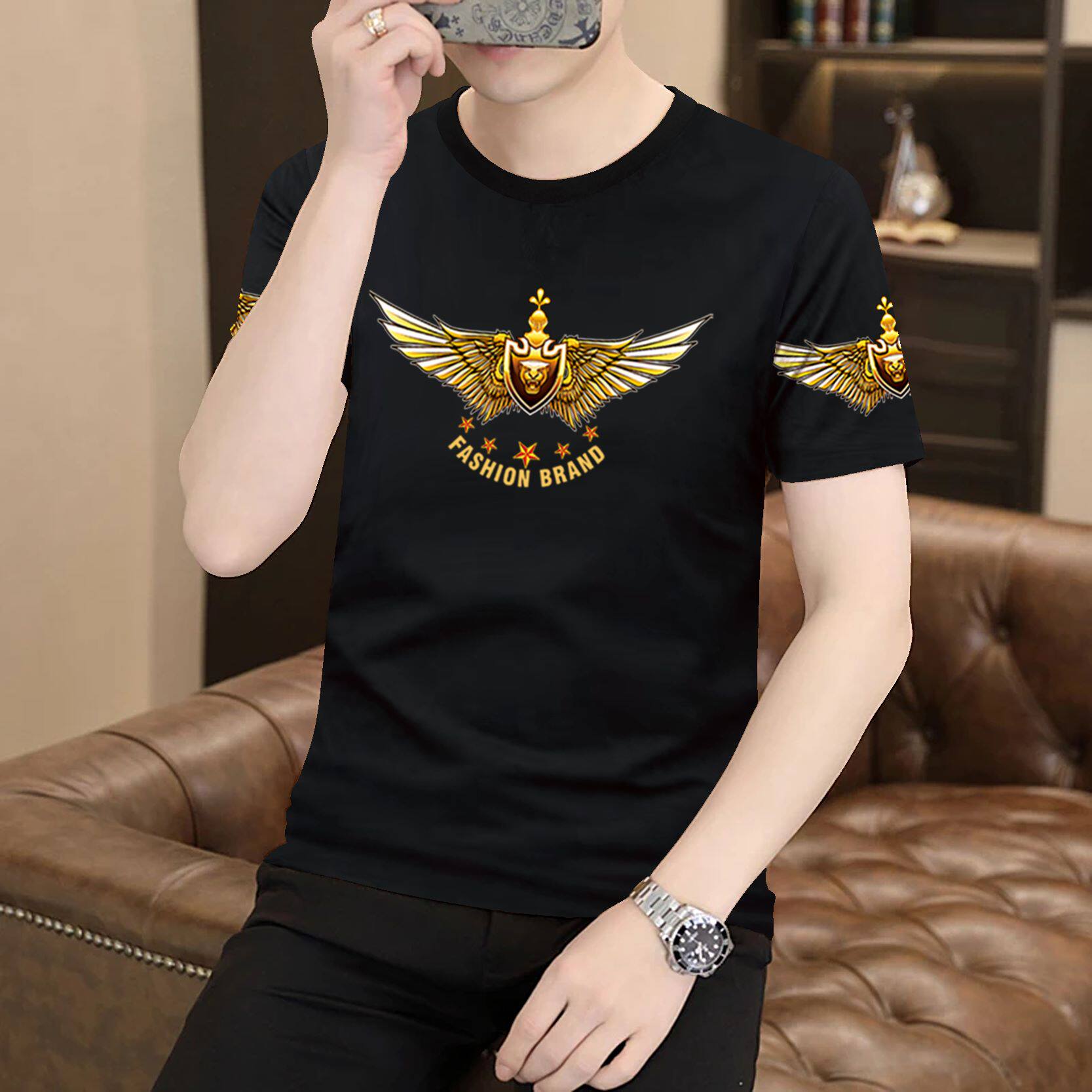 男士短袖t恤夏季薄款冰丝速干半袖上衣服潮流印花宽松百搭体恤衫