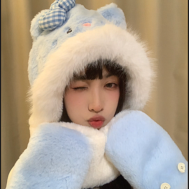 粉色可爱蝴蝶结小猫毛绒帽围巾手套三件套女冬季加厚护耳防寒帽子,服饰配件/皮带/帽子/围巾,三件套,淘宝优惠券,粉丝福利购,淘宝优惠卷