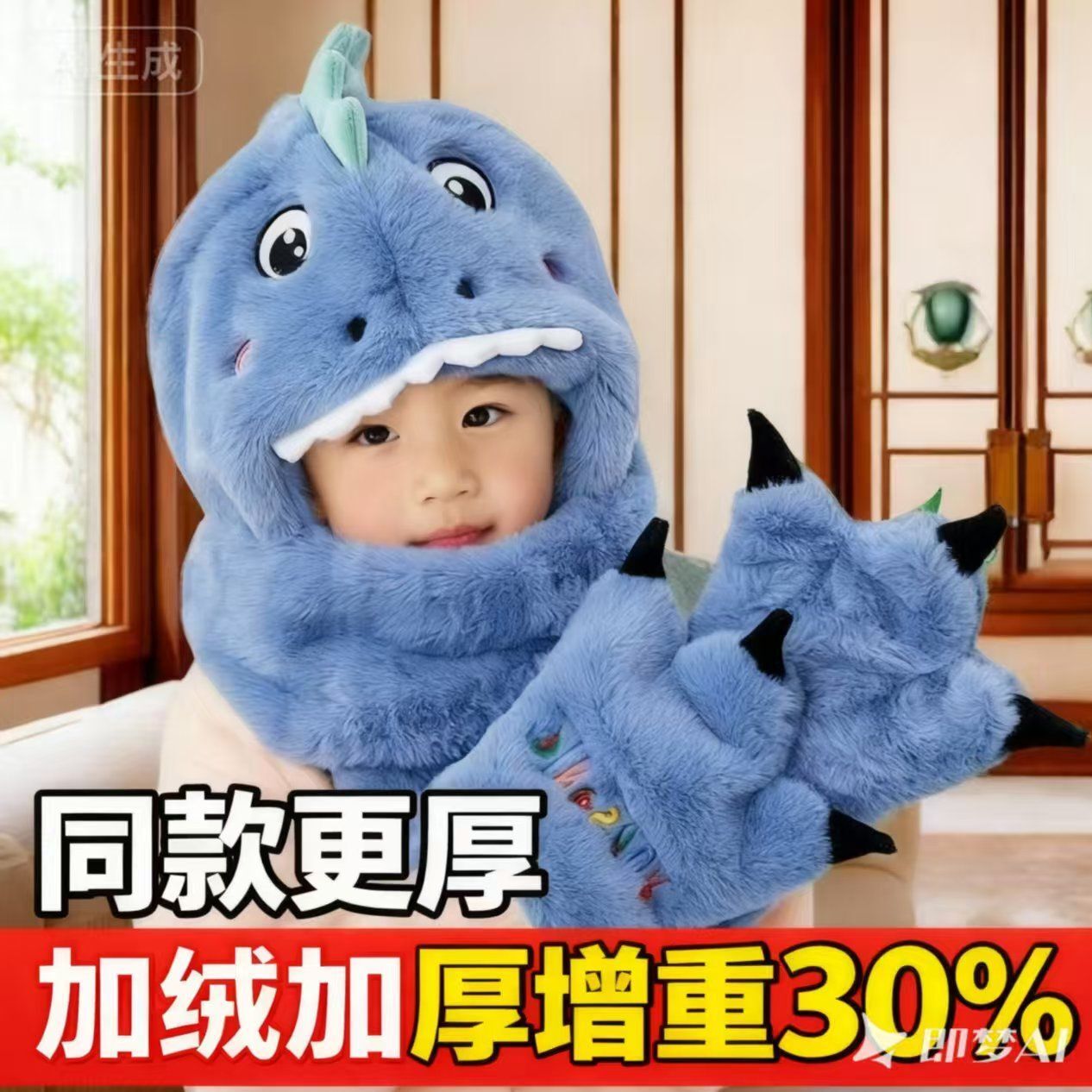 恐龙帽子围巾一体儿童冬季加绒三件套男女童防寒手套宝宝保暖帽子