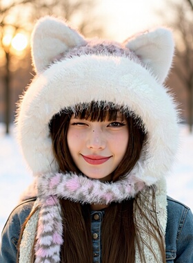爱尚优豹纹毛绒帽女冬季加厚保暖护耳雷锋帽个性百搭显脸小狐狸帽