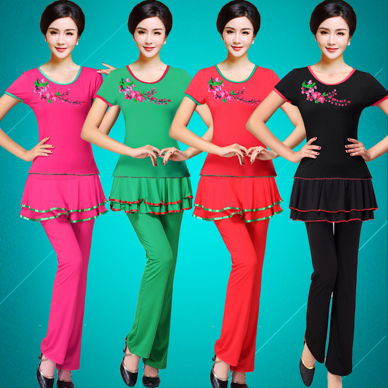 广场舞服装套装新款短袖上衣裙裤中老年舞蹈衣服跳舞服绣花演出服