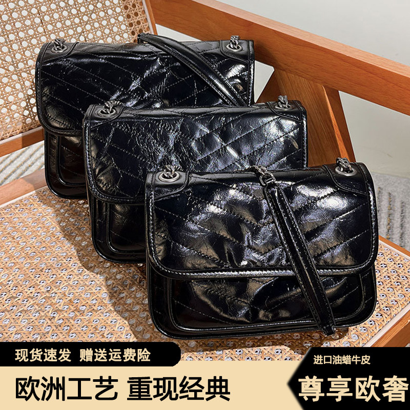 进口油蜡皮杨树林niki流浪包包女真皮链条邮差包斜挎包腋下单肩包