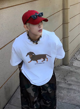 STA国潮美式复古原创腊肠狗短袖T恤男女夏季新款宽松透气情侣上衣