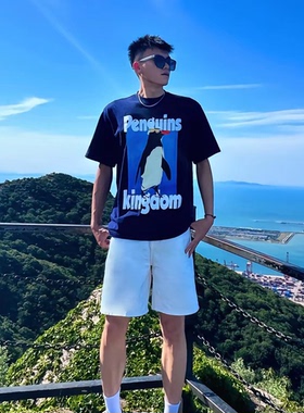 STA国潮藏蓝色企鹅短袖T恤男女夏季新款宽松海报图案情侣半袖上衣