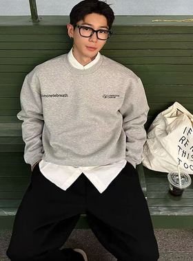 STA国潮500g重磅都市字母印花灰色圆领卫衣女秋季宽松情侣上衣潮