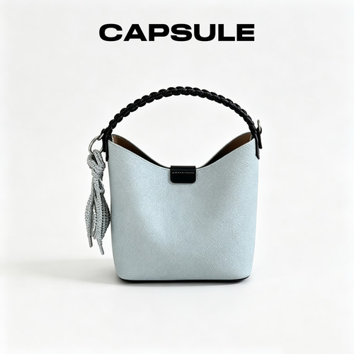 CAPSULE 新款浅蓝色水桶包女手提纯色编织单肩包休闲百搭斜跨包