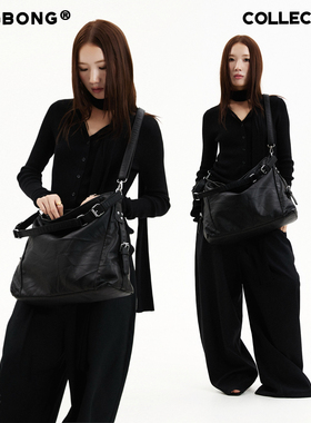 BINGBONG|探索编辑部 大容量Hobo褶皱包山本风通勤单肩大包黑色