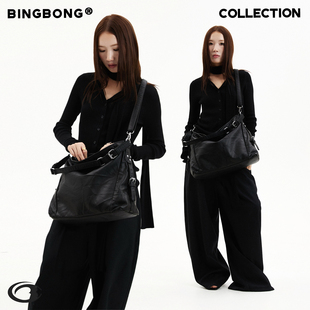 BINGBONG|探索编辑部 大容量Hobo褶皱包山本风通勤单肩大包黑色