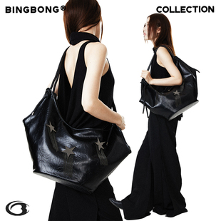 自制黑色大容量星星单肩斜挎水桶托特包 平行星葵 BINGBONG 原创