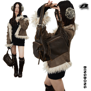 BINGBONG 帅气机能斜挎包软皮休闲机车辣妹做旧腋下包 阿甘小方包