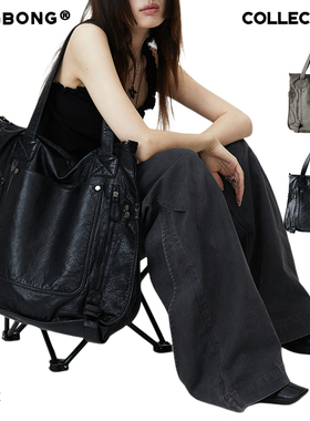 BINGBONG|库克旅人 黑机车包大容量单肩包y2k斜挎包复古托特大包