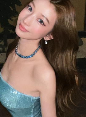 蓝调时刻 华子超闪渐变蓝色方形仿水晶项链颈链高级配饰晚宴珠宝