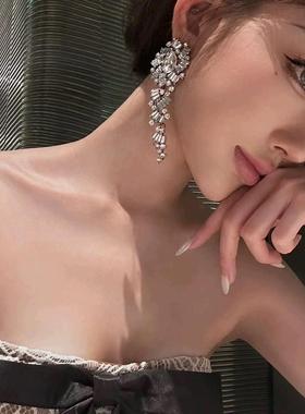 仙气儿超闪爆款复古合金镶钻花卉长款无耳洞耳夹银针耳钉earrings