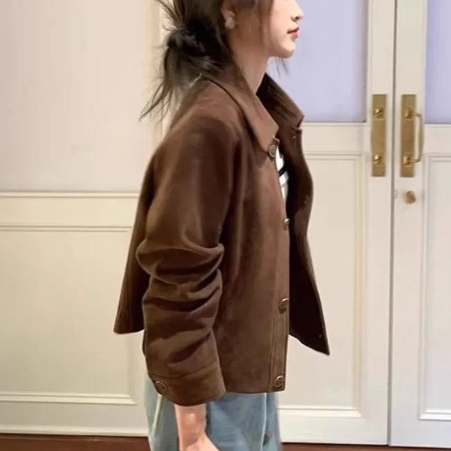 咖色鹿皮绒外套女短款春秋款韩系宽松休闲复古小个子夹克上衣