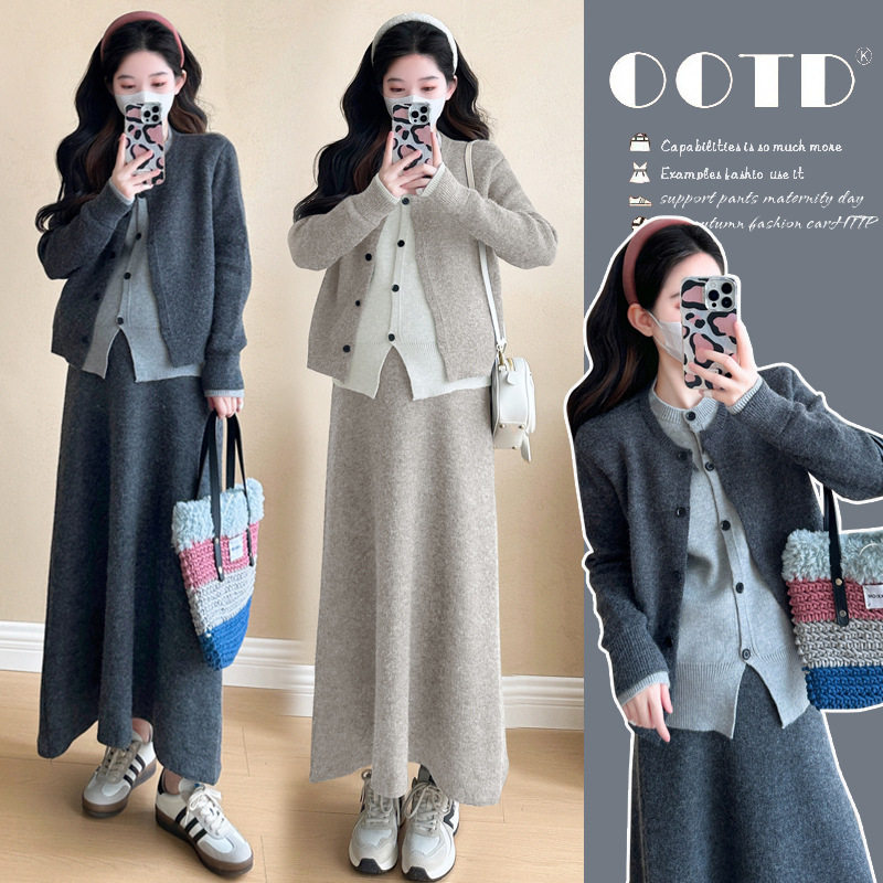 孕妇套装2025秋冬针织上衣毛衣半身裙托腹调节韩版设计孕妇装冬装