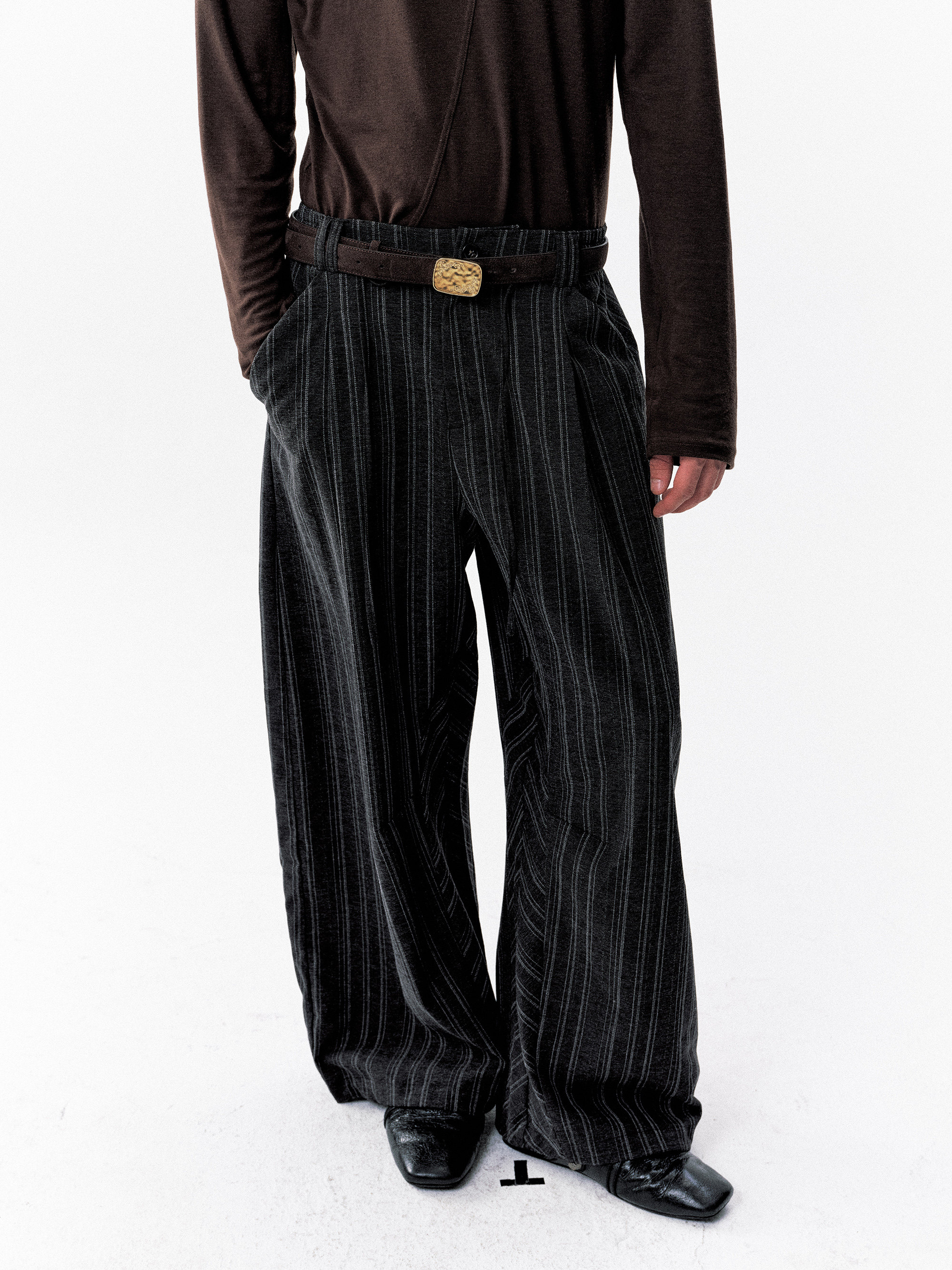 thumbnail for NOT UGLY 25AW Imitation Hemp Texture Slack Stripe Lace-up Kendo Drape Pants Casual pants