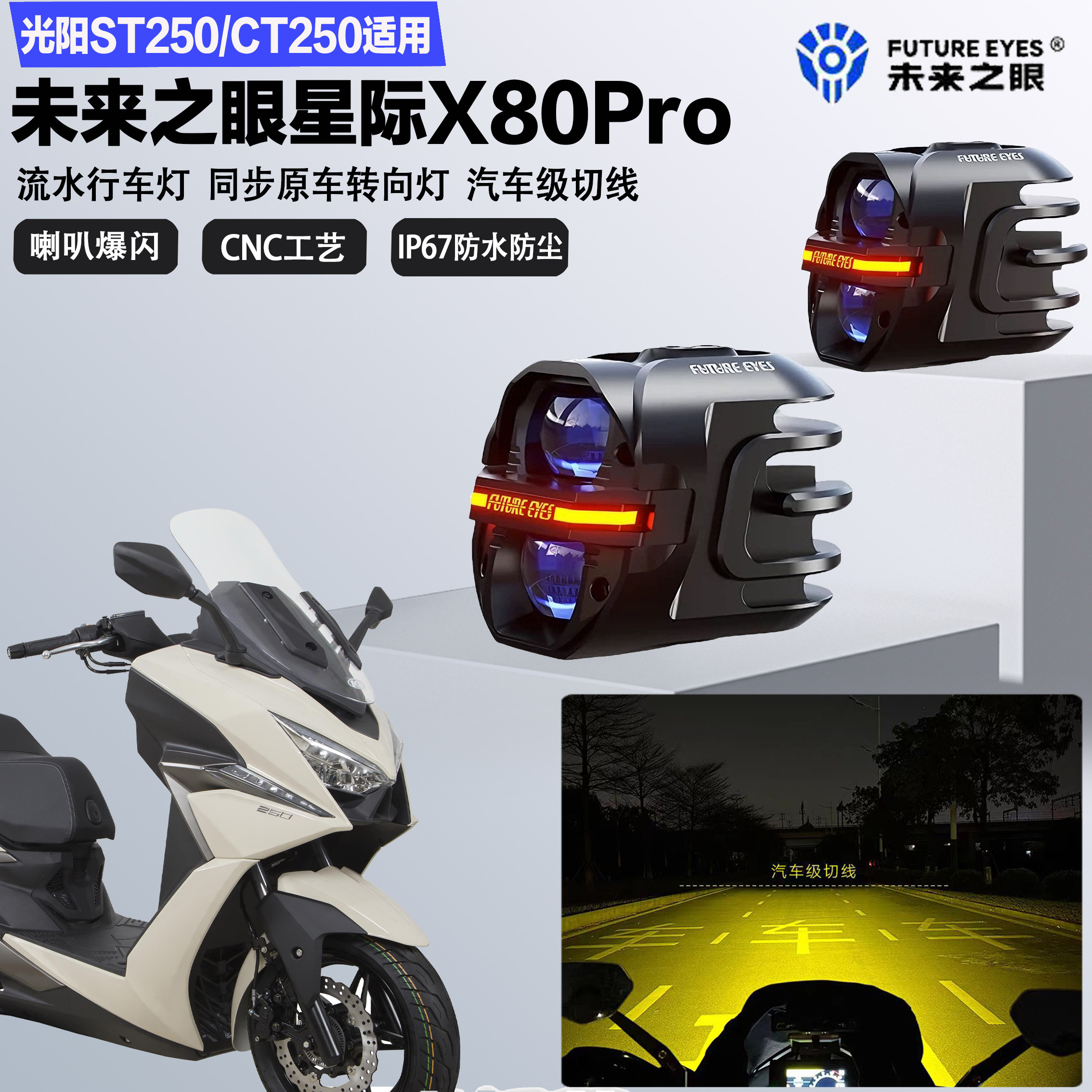 未来之眼星际X80pro适配光阳ST250/CT250远近光切线爆闪LED射灯图片