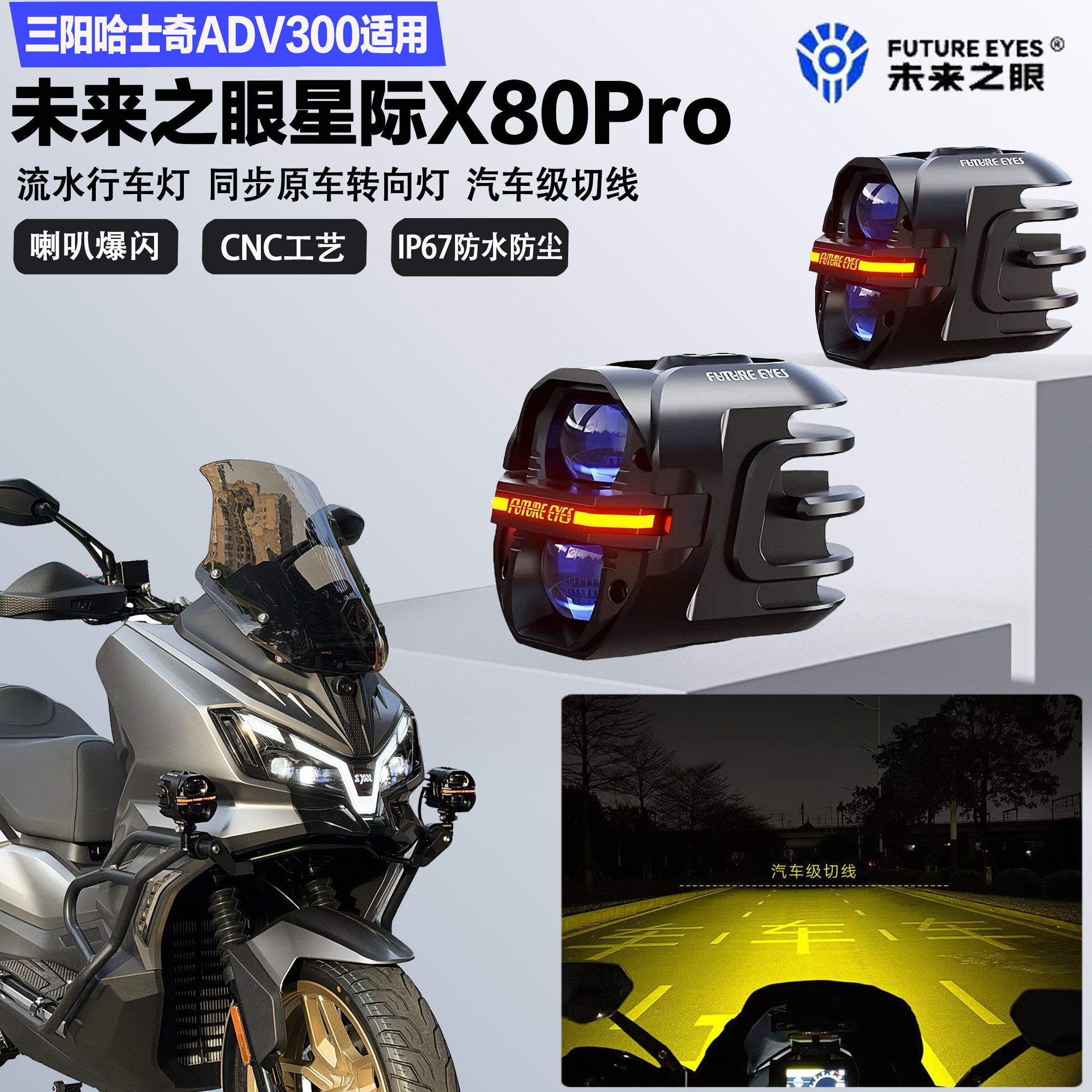 未来之眼星际X80pro适配三阳哈士奇ADV300远近光切线爆闪LED射灯图片