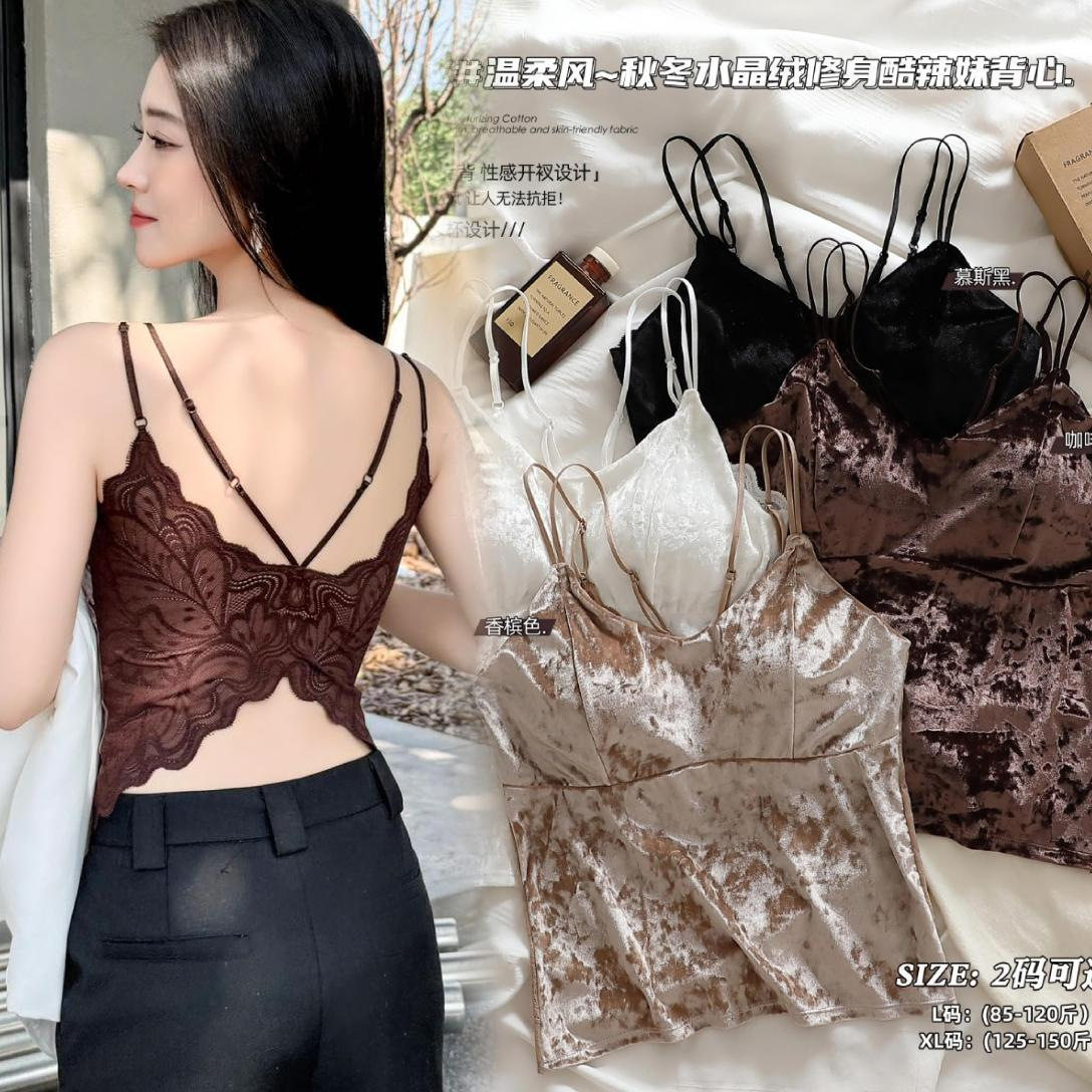 金丝绒吊带背心固定杯蝴蝶蕾丝