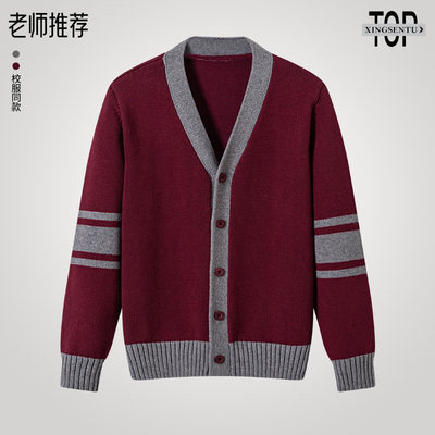 中小学生枣红色英伦风长袖polo衫校服男女童纯棉毛衣开衫春秋套装