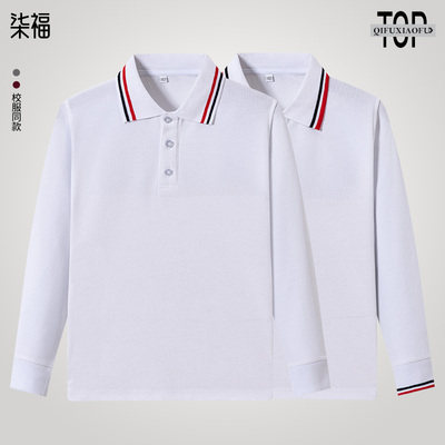 中小学生英伦学院风长袖白色polo衫男女童春秋红白衣领纯色校服