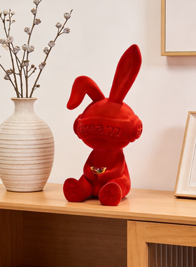 可爱兔子坐姿摆件红现代轻奢高级感客厅酒柜电视柜入户玄关装饰品