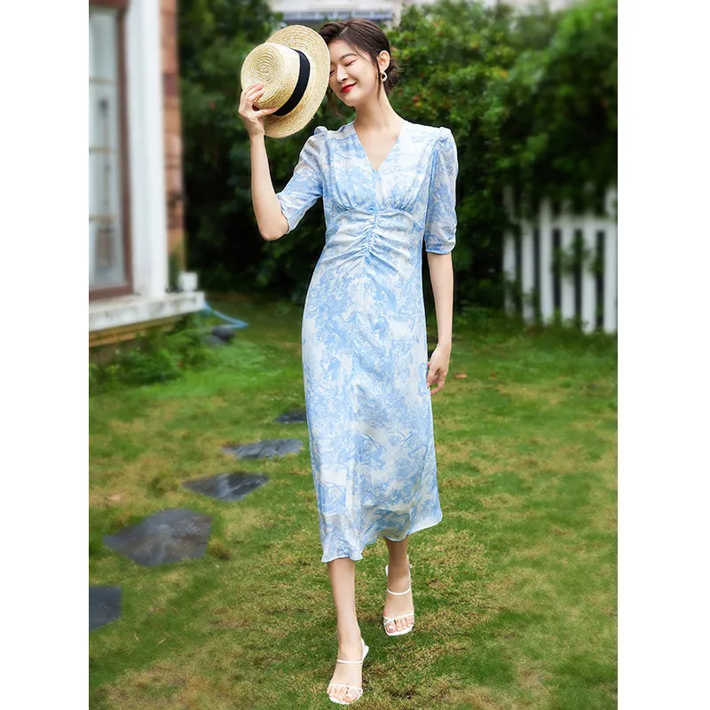 复古优雅万分法式桑蚕丝连衣裙夏季中袖V领高腰显瘦气质真丝长裙