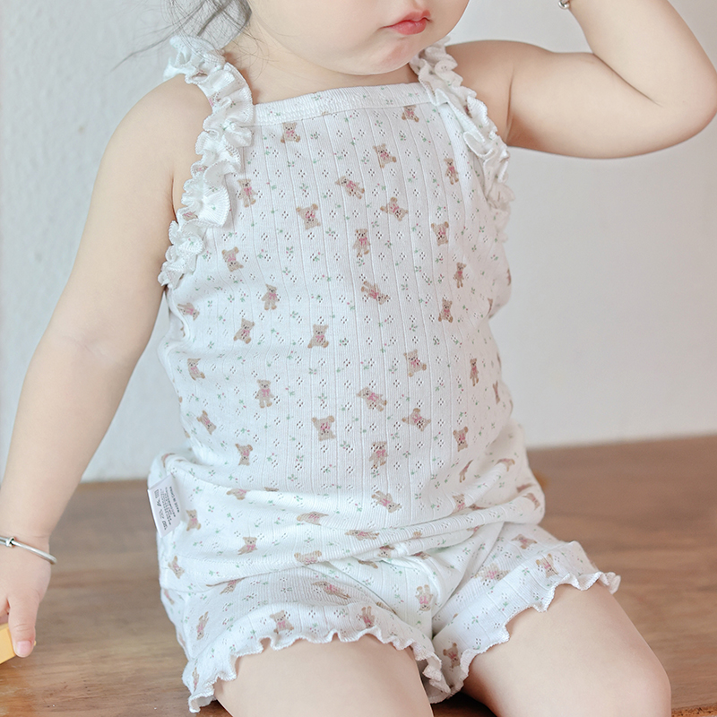 夏季宝宝纯棉吊带套装婴幼儿女童背心短裤两件套女孩花边睡衣薄款