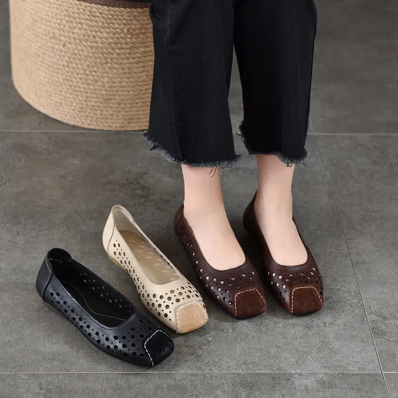 头层牛皮夏季镂空洞洞平底女鞋真皮凉鞋软底软面舒适圆方头妈妈鞋,女鞋,时装凉鞋,淘宝优惠券,粉丝福利购,淘宝优惠卷