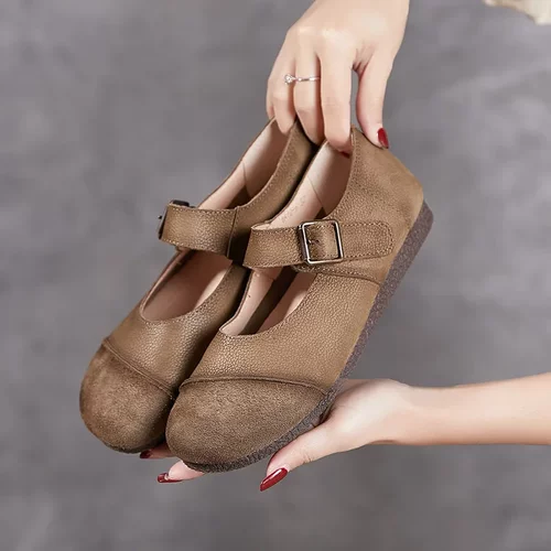 shoes鞋掌柜新款头层牛皮女鞋子圆头搭扣软底不累脚休闲女鞋百搭
