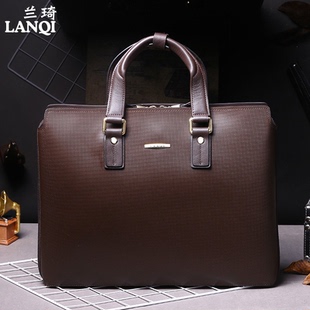 兰琦深棕色复古男士手提包商务皮包公文包男款成熟男人高档真皮