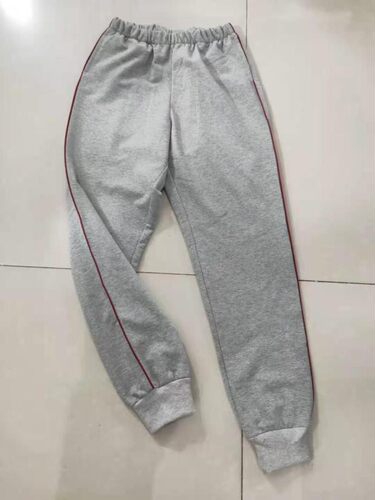 男女浅灰色运动裤一道细酒红杠弹力纯棉螺纹紧口校服长裤子可定做