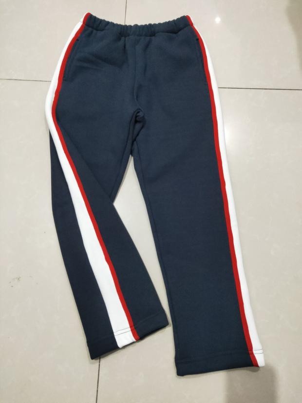 定做休闲校服裤子纯棉中小学生男女长裤深藏蓝拼白宽杠上贴一红条