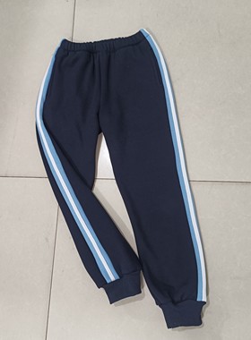中高小学生班服校裤男女中性校服裤藏蓝色拼浅蓝宽杠一根白条束口
