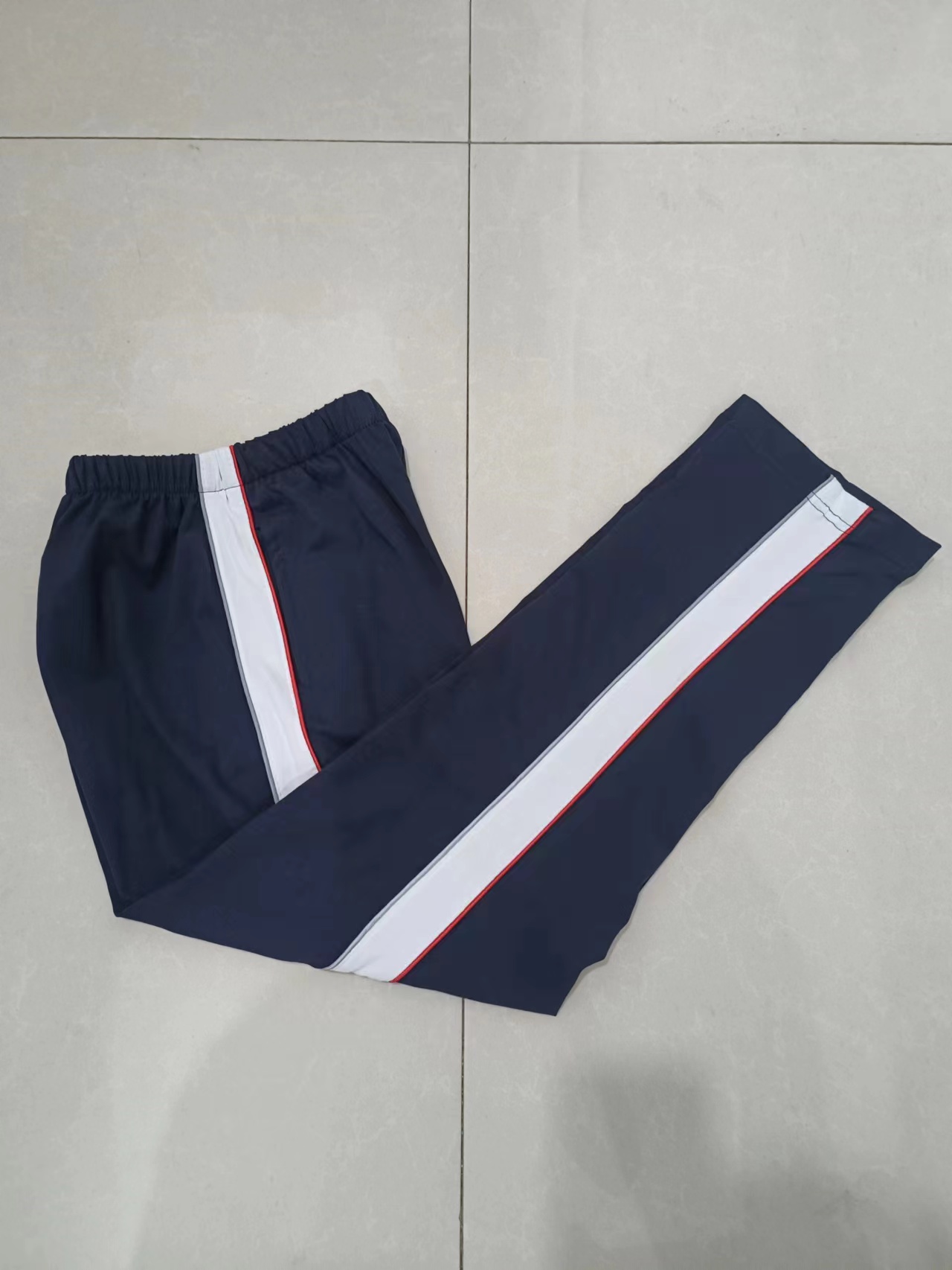 订做纯棉中小学生校服裤藏蓝色白宽杠红细条反光细条休闲运动校裤