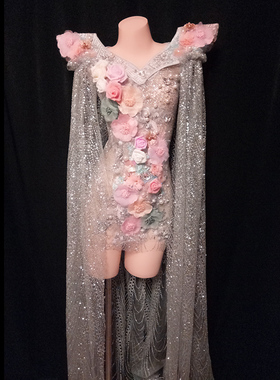 穿衣别太乖酒吧夜店女歌手dj舞队银灰色花朵闪粉连体衣演出服舞台