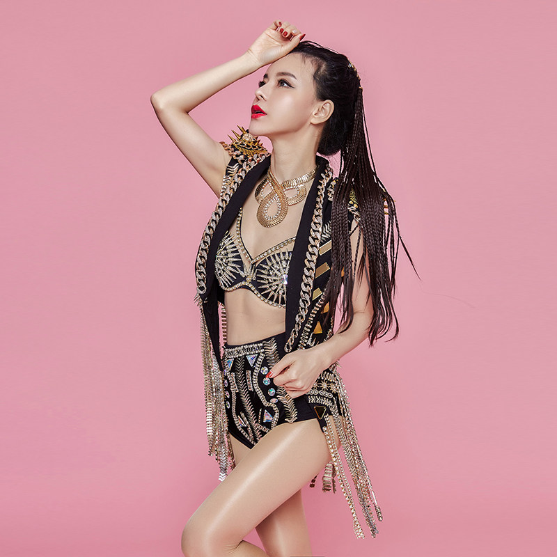女歌手黑色镶钻流苏三件套演出服