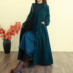文艺加厚加绒棉衣外套女冬季 保暖灯芯绒连帽棉服宽松大衣棉袄 长款