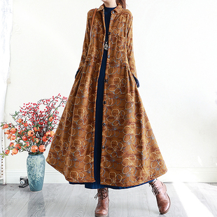 复古文艺加绒亚麻棉衣外套女冬季 保暖棉服气质大衣 印花加厚超长款