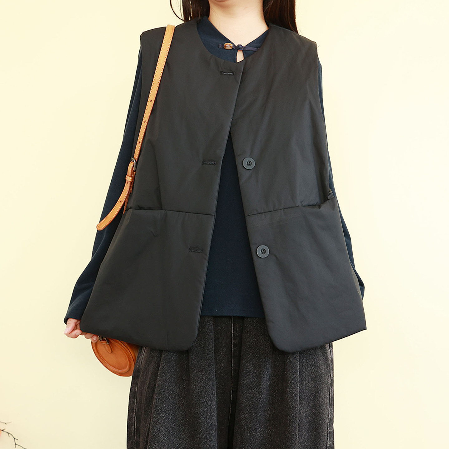 复古无袖夹棉马甲女冬季加厚纯色内搭小背心马夹圆领宽松保暖坎肩