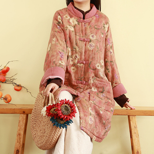 国风 加厚夹棉保暖盘扣棉服宽松新中式 复古印花棉衣外套冬季 中长款